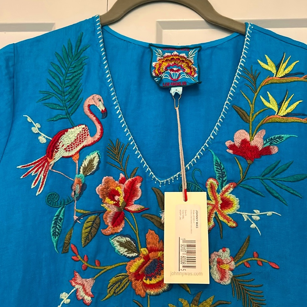 Johnny Was Linen Tropical Embroidered Blue Dress - Picture 2 of 6